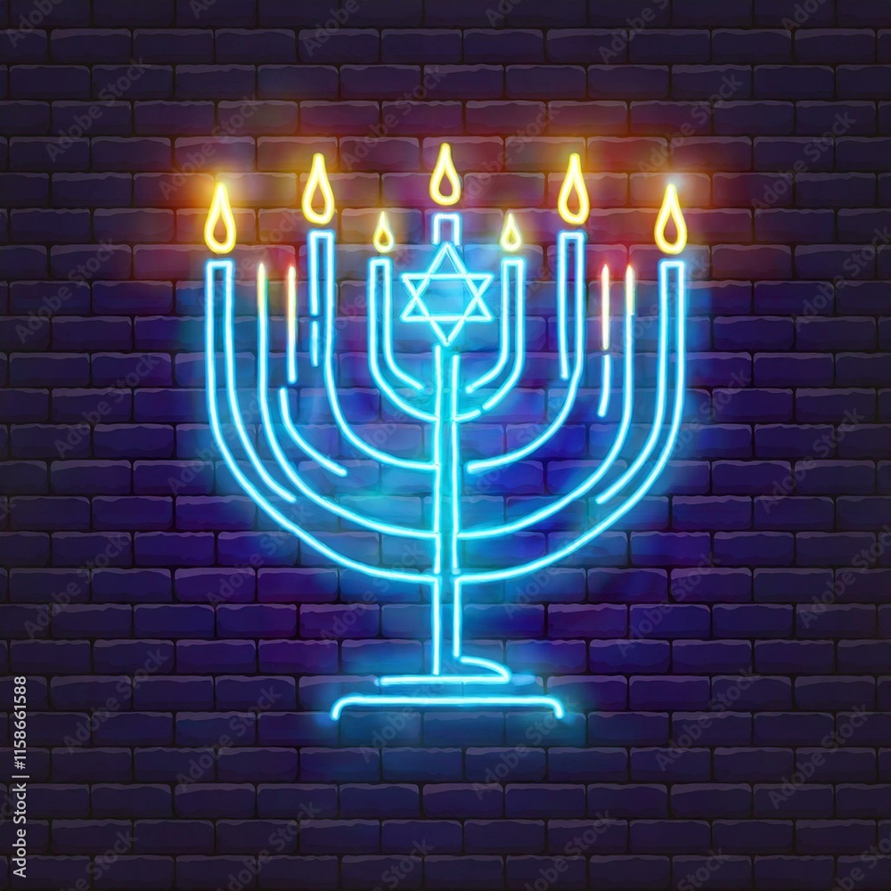 Fototapeta premium Menorah with candles. Hanukkah neon menorah icon.