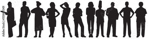 Group of people with different occupations or jobs standing in a row vector black silhouettes set. various professions silhouettes set.