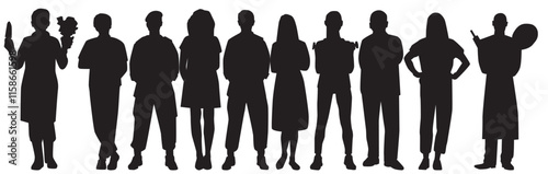 Group of people with different occupations or jobs standing in a row vector black silhouettes set. various professions silhouettes set.