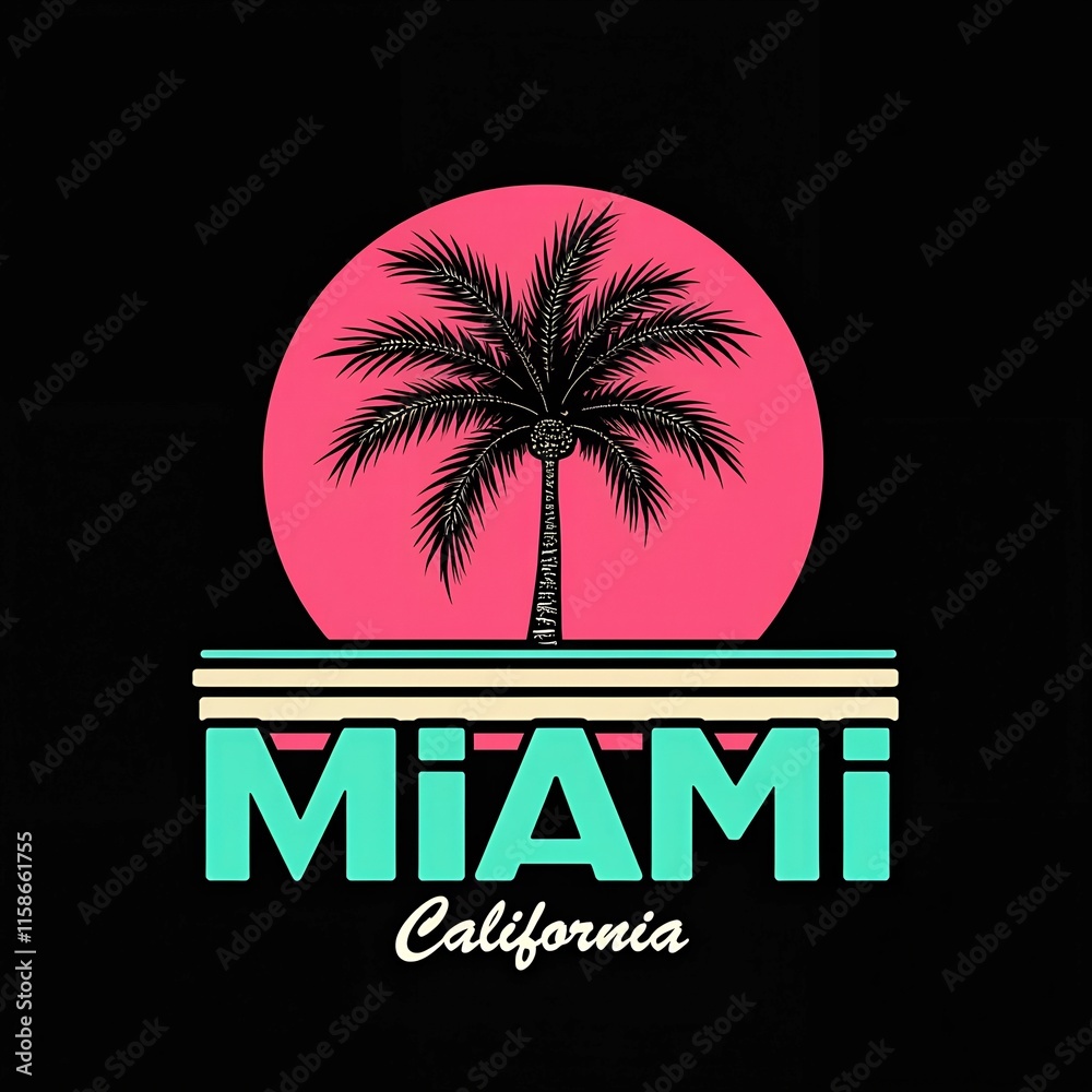 Naklejka premium Miami California Palm Tree Graphic Design: A vibrant and bold graphic design featuring a silhouette of a palm tree against a pink sunset.