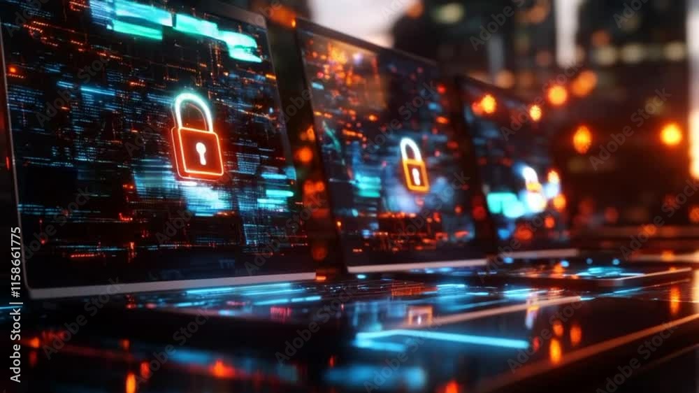 Row of laptops with lock symbols on screens. Concept: cybersecurity and data protection. Futuristic, digital landscape.