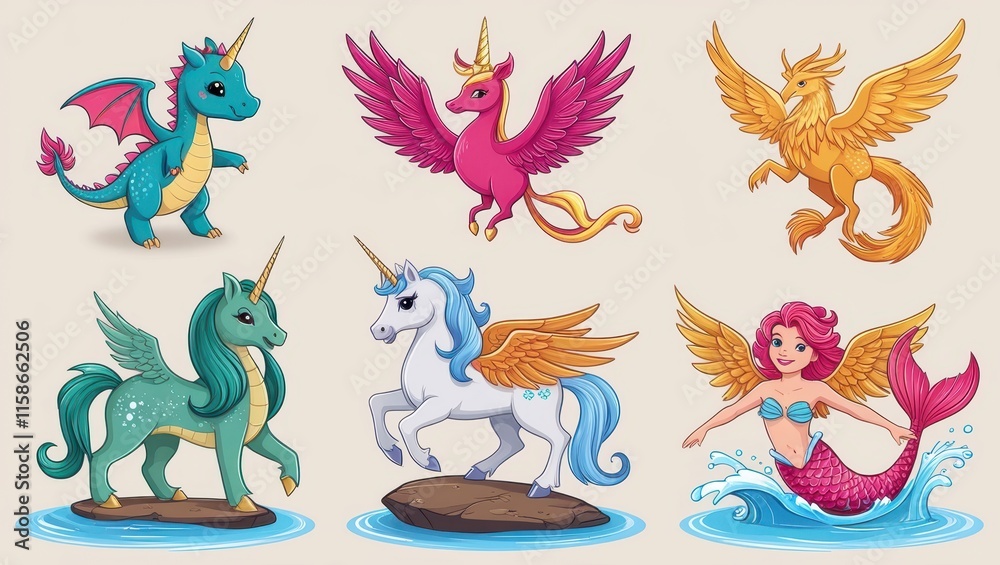 Obraz premium Fantasy Creatures Unicorns Dragons Phoenix Mermaid Illustration Set