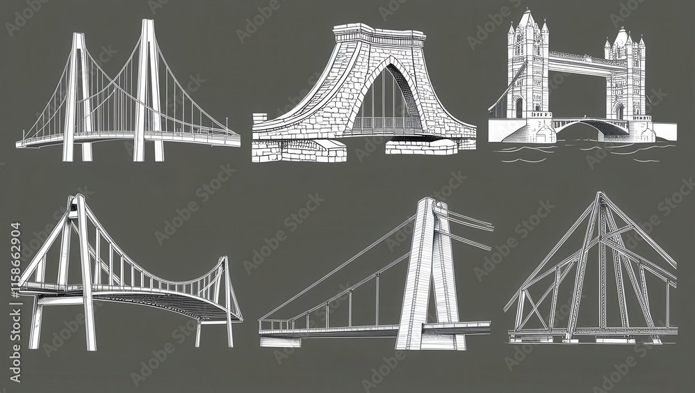 Fototapeta premium Six Iconic Bridge Designs Architecture Engineering Suspension Arch and Truss Bridges