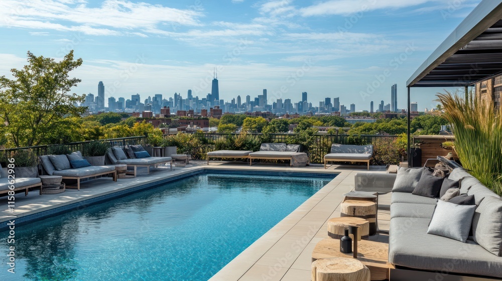 custom made wallpaper toronto digitalRooftop pool with city skyline view, lounge chairs, and modern furniture.