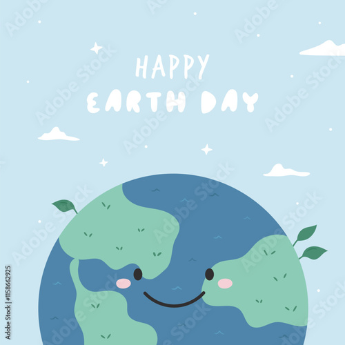 Cute Cartoon Illustration of Planet Earth and Text Happy Earth Day. Perfect for Earth Day and Climate Awareness