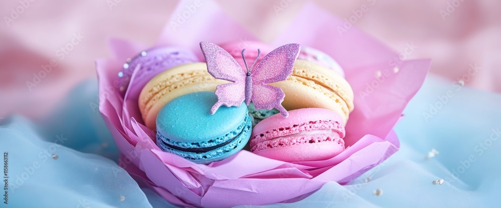 Pastel macarons with butterfly in pink tissue paper. Pastel macarons with butterfly in pink tissue paper.