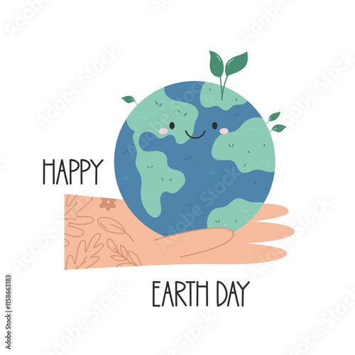 Illustration of hand holding cheerful earth planet and text happy Earth day