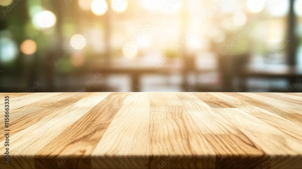 Empty light wood table top with blurred in coffee shop background Empty light wood table top with blurred in coffee shop background