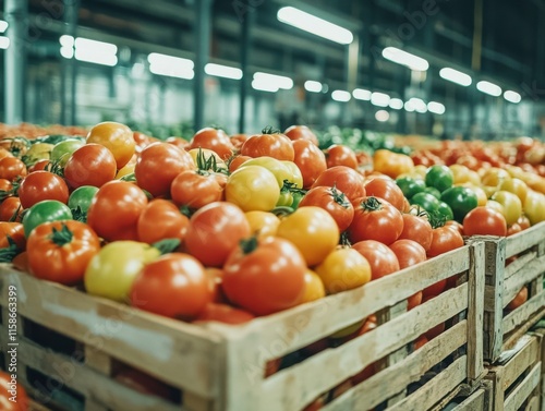 Crates filled with fresh red, green, and yellow tomatoes in a warehouse setting, indicating organic produce ready for delivery. photo