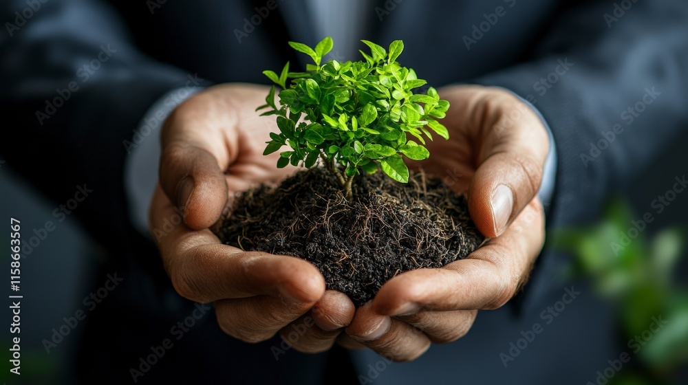 Hands in a suit gently cradle a small, vibrant green plant in dark soil, symbolizing growth, new beginnings, and environmental sustainability. Hands in a suit gently cradle a small, vibrant green plant in dark soil, symbolizing growth, new beginnings, and environmental sustainability.
