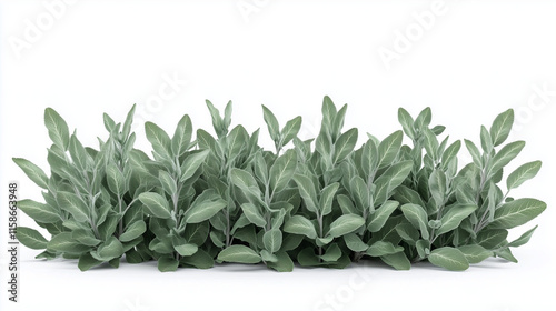 Group of sage bushes with silvery-green foliage isolated on white background