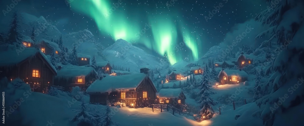 Obraz premium Magical winter village under aurora borealis.