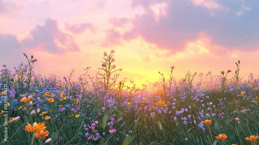 Naklejka premium Vibrant sunset over a colorful wildflower meadow.