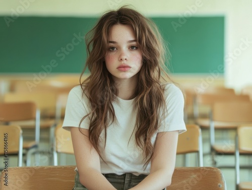 A tired female student with long hair sits in a classroom, looking bored and sleepy. She wears a white shirt, and the setting includes empty chairs and a blackboard. photo