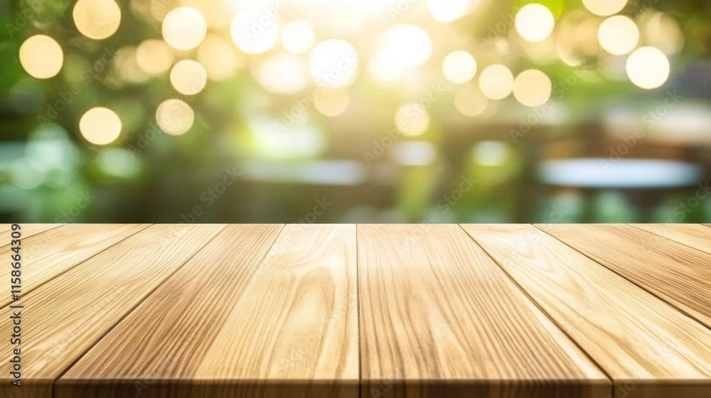 Empty light wood table top with blurred in coffee shop background Empty light wood table top with blurred in coffee shop background