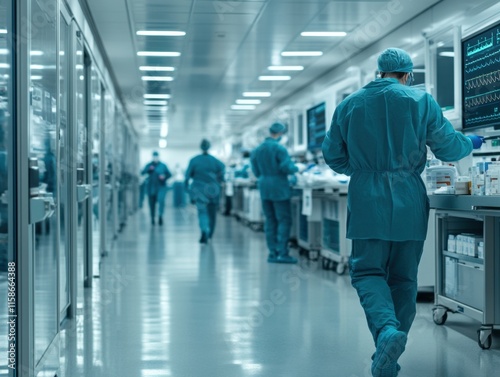 A team of doctors in scrubs works in a hospital corridor, consulting charts and medical equipment. The setting is modern and bustling with activity.