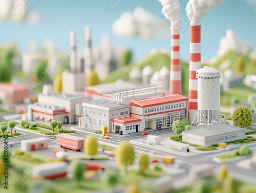 An isometric illustration of an industrial setting with energy buildings, featuring smokestacks, factories, and roadways, set in a vibrant, colorful style. photo