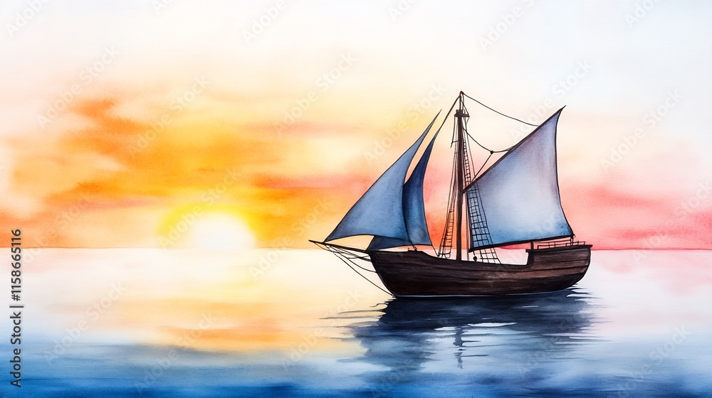 Naklejka premium Serene Watercolor Illustration: Sailing Ship at Sunset, Calm Ocean Waters. AI Generated