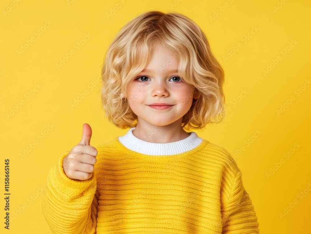 A happy toddler with curly blonde hair gives a thumbs up against a vibrant yellow background, expressing positivity and joy. A happy toddler with curly blonde hair gives a thumbs up against a vibrant yellow background, expressing positivity and joy.