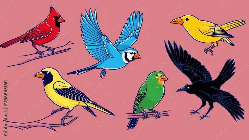 Obraz premium Colorful Bird Collection Flying Perched Cartoon Birds Illustration