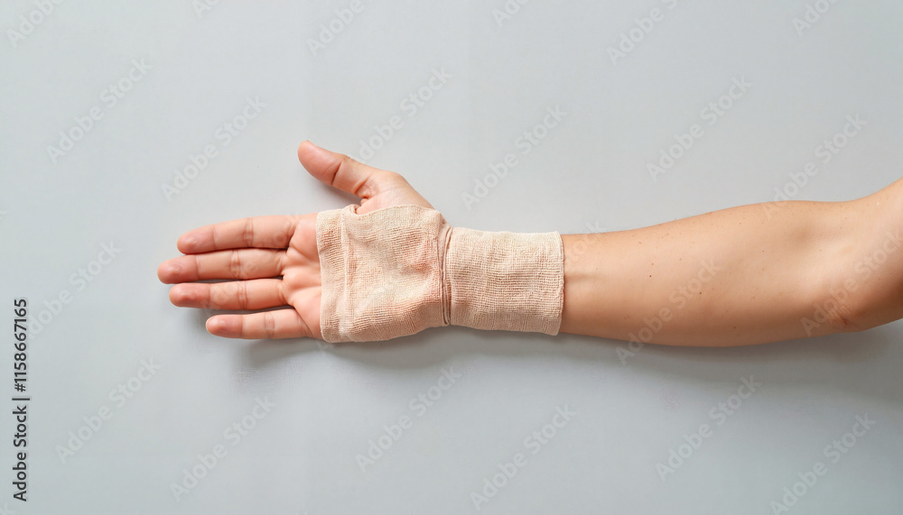 Hand with bandage against light gray background Hand with bandage against light gray background