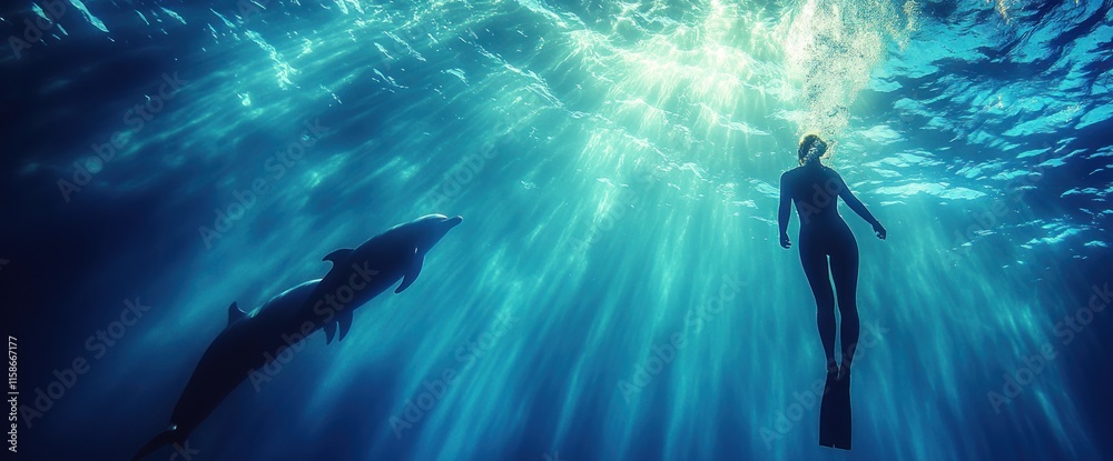 Fototapeta premium Underwater silhouette of a freediver and dolphins swimming in sunlight beams.