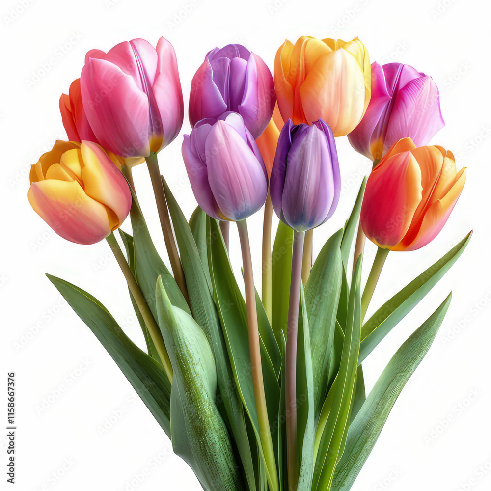 A vibrant bouquet of tulips in various colors arranged elegantly. isolated on white background A vibrant bouquet of tulips in various colors arranged elegantly. isolated on white background