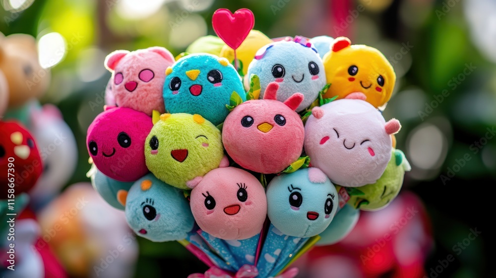 Colorful plush toy bouquet with cute animal faces. Colorful plush toy bouquet with cute animal faces.