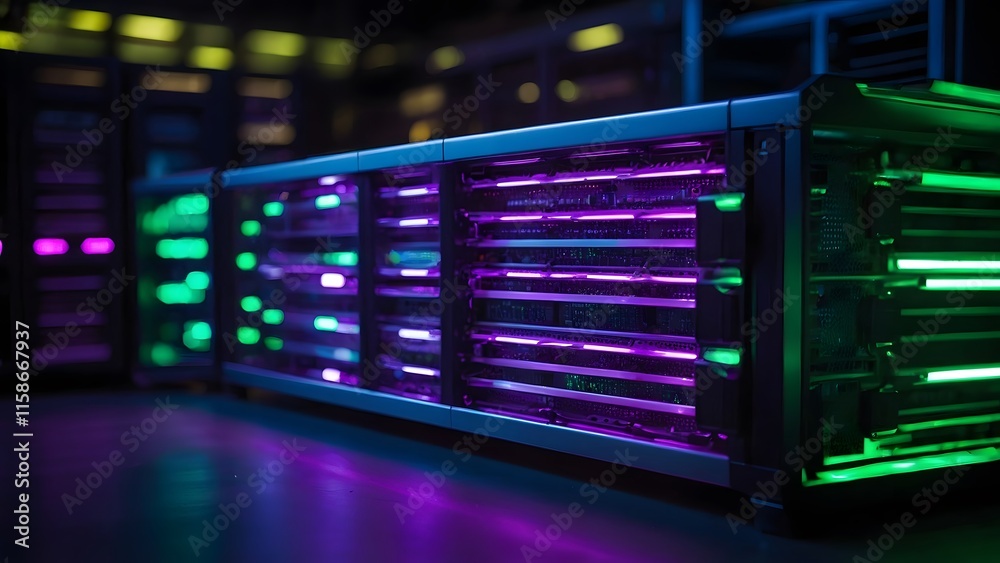Advanced Server Technology Illuminated in Vibrant Green and Purple Lights in a Modern Data Center Advanced Server Technology Illuminated in Vibrant Green and Purple Lights in a Modern Data Center