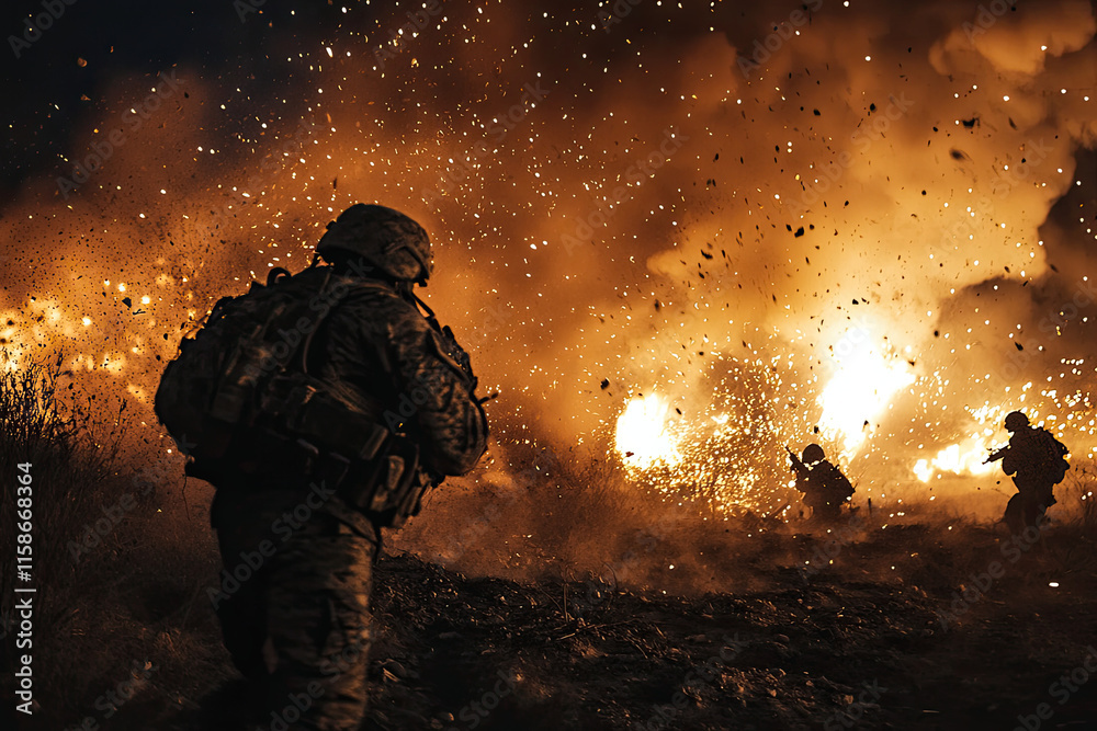 Explosions and fire on a battlefield at night, emphasizing the chaos of active combat Explosions and fire on a battlefield at night, emphasizing the chaos of active combat