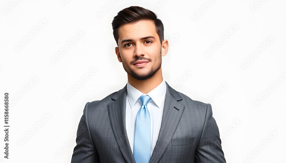 A dynamic portrait of a confident young businessman with a strong jawline, dressed in a fitted gray suit and light blue tie, with a pure white isolated background A dynamic portrait of a confident young businessman with a strong jawline, dressed in a fitted gray suit and light blue tie, with a pure white isolated background