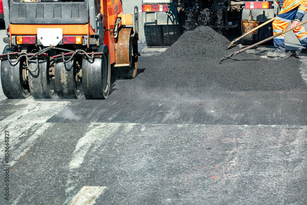 Road workers expertly laying new asphalt on a sunny day in an urban area