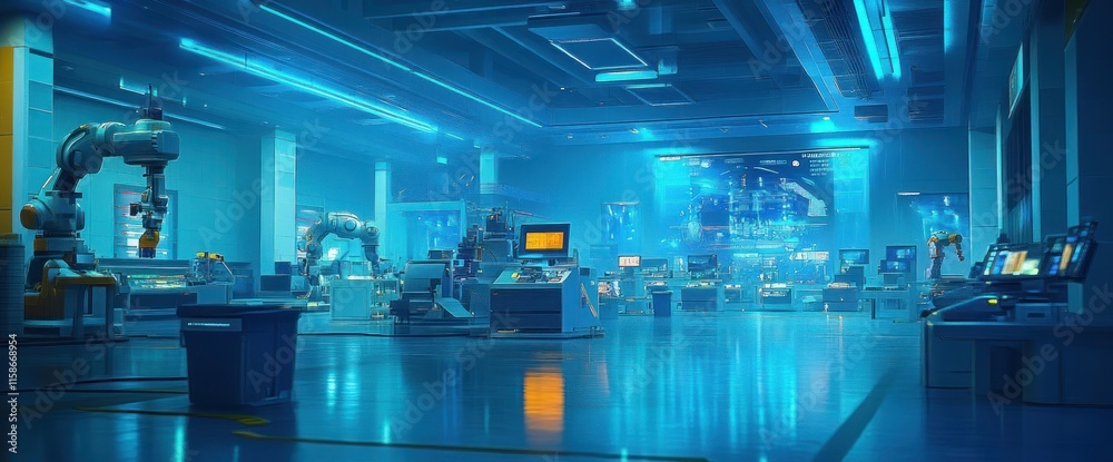 Futuristic robotic factory interior with glowing blue lights and advanced machinery. Futuristic robotic factory interior with glowing blue lights and advanced machinery.