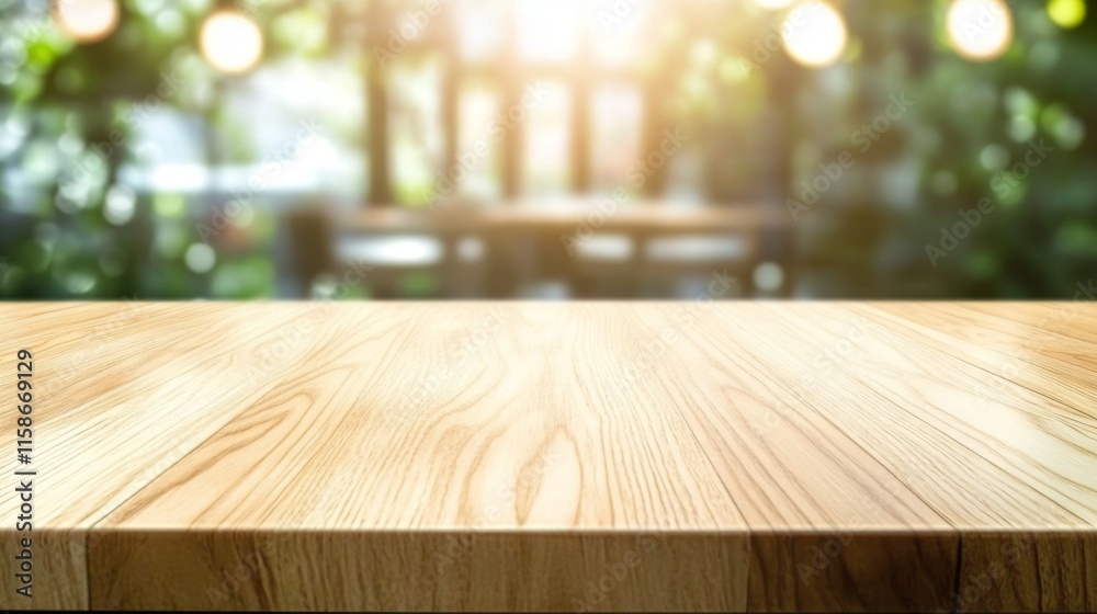 Empty light wood table top with blurred in coffee shop background Empty light wood table top with blurred in coffee shop background