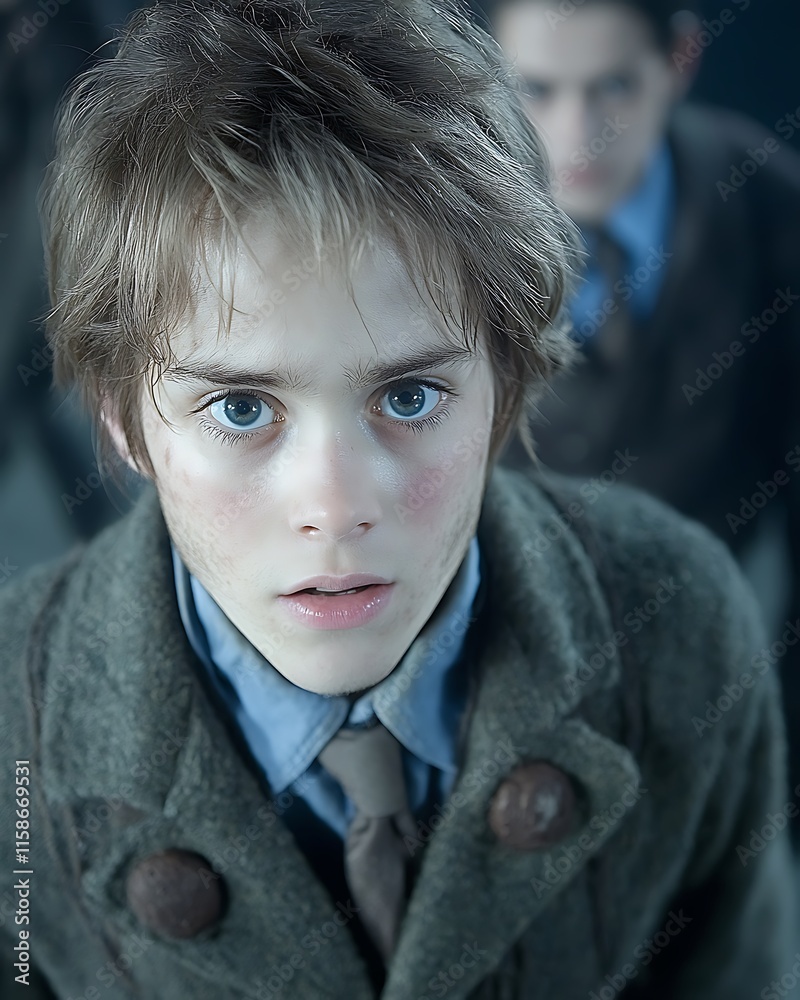 A young boy with striking blue eyes looks up, appearing apprehensive; another boy is blurred in the background. A young boy with striking blue eyes looks up, appearing apprehensive; another boy is blurred in the background.