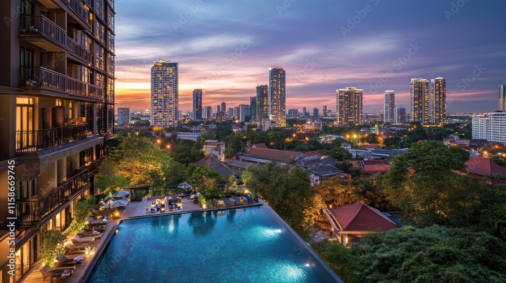 Fototapeta premium Rooftop infinity pool overlooking city skyline at sunset.