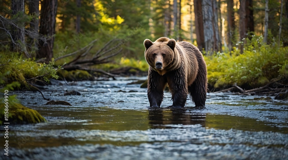Majestic bear wades through the sparkling river in a serene summer forest bathed in golden sunlight Majestic bear wades through the sparkling river in a serene summer forest bathed in golden sunlight