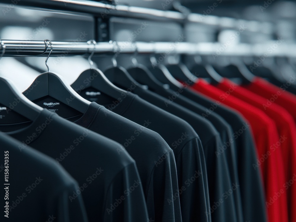 Fototapeta premium A row of plain T-shirts in various colors, including black and red, hanging on a clothing rack with black hangers. The setting is minimalistic and modern.