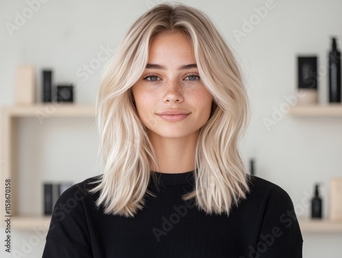 A smiling young woman with long blonde hair stands against a neutral background, exuding a relaxed and confident demeanor.