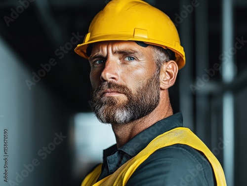 Wallpaper Mural A confident construction worker in a yellow hard hat and vest stands in a dimly lit environment, focused and ready for the project ahead. Torontodigital.ca