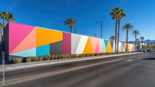 Colorful geometric mural on a wall next to a road with palm trees under a clear blue sky.