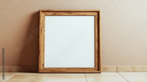 Minimalist Wooden Picture Frame on Beige Wall in Modern Interior Setting with Natural Light and Subtle Shadows