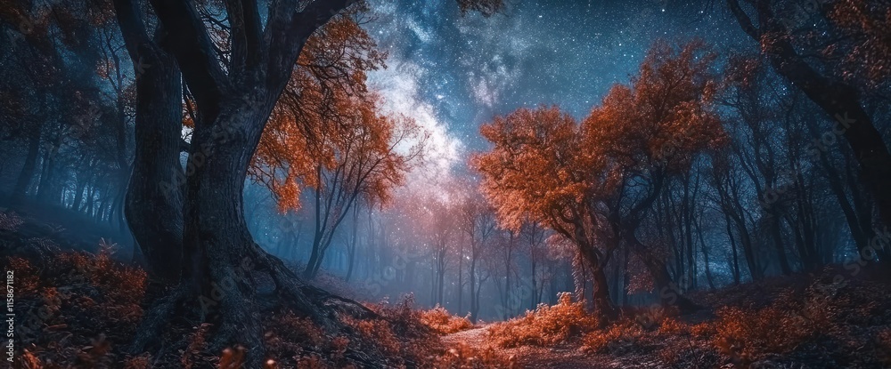Fototapeta premium Mystical autumn forest path under starry night sky.