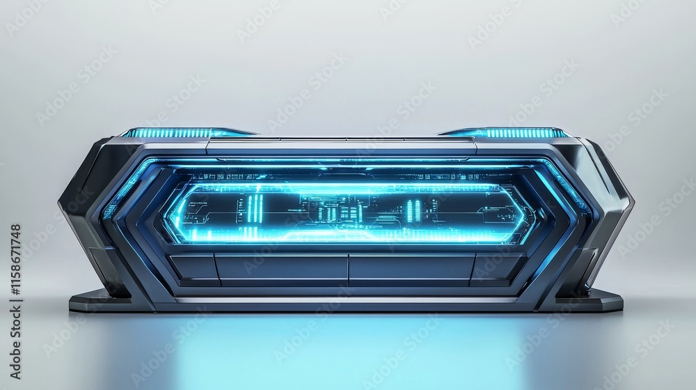 A futuristic device with glowing blue lights, featuring a sleek, hexagonal design against a minimalist background. A futuristic device with glowing blue lights, featuring a sleek, hexagonal design against a minimalist background.