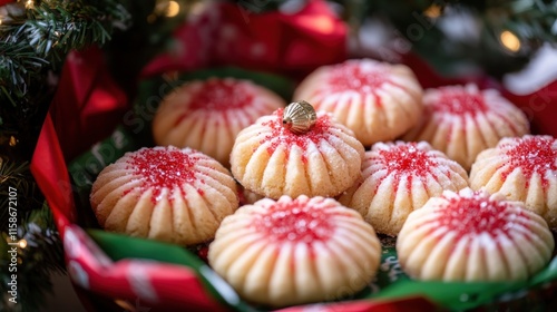 Festive Christmas cookies with red sugar sprinkles in a gift basket. photo