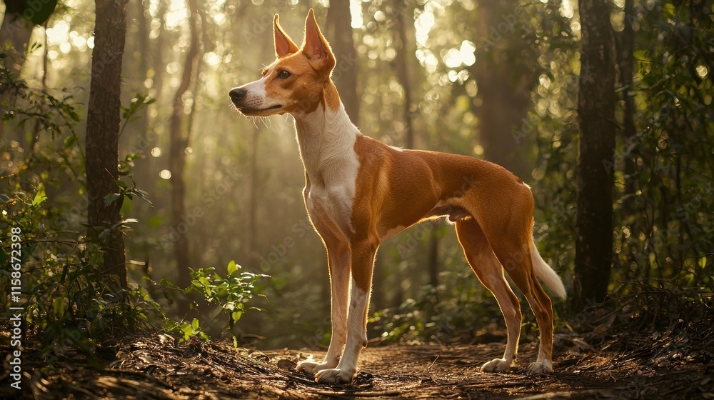 A slender, reddish-brown and white dog stands alertly in a sun-dappled forest. A slender, reddish-brown and white dog stands alertly in a sun-dappled forest.