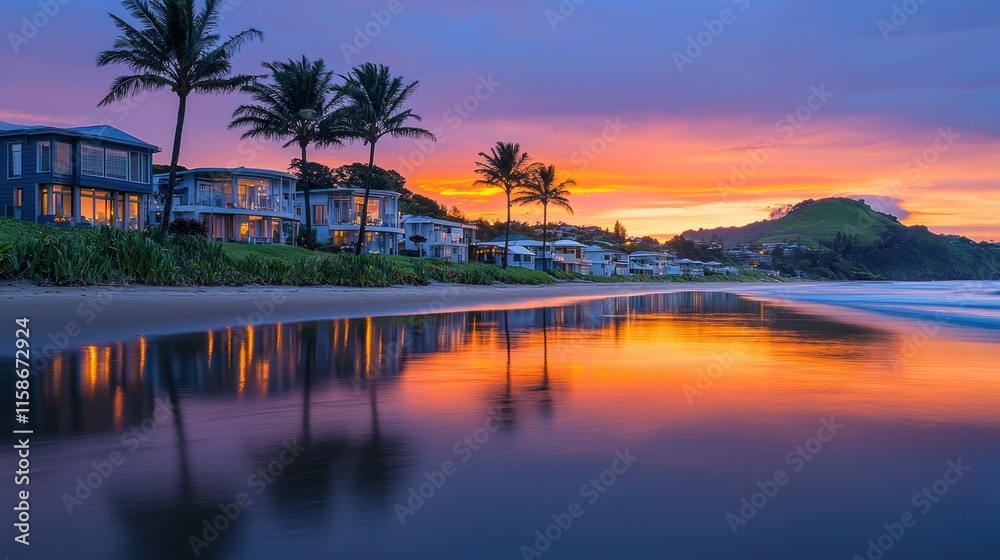Coastal sunset reflecting on tranquil beach with houses and palm trees. Coastal sunset reflecting on tranquil beach with houses and palm trees.