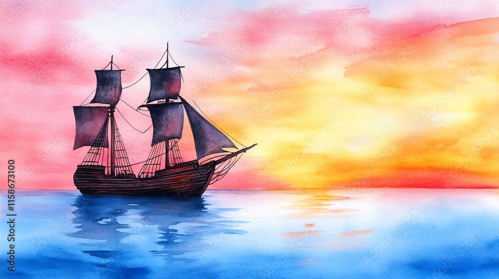Obraz premium Watercolor Painting: Majestic Sailing Ship Serenely Navigating a Vibrant Sunset Seascape. AI Generated