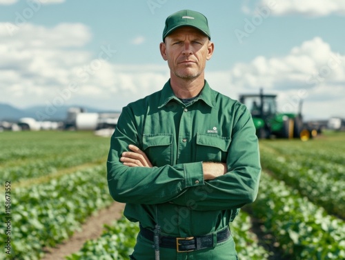 A farmer stands in a lush, green field with rows of plants, dressed in a green uniform. A tractor is seen in the distance, under a clear blue sky. photo