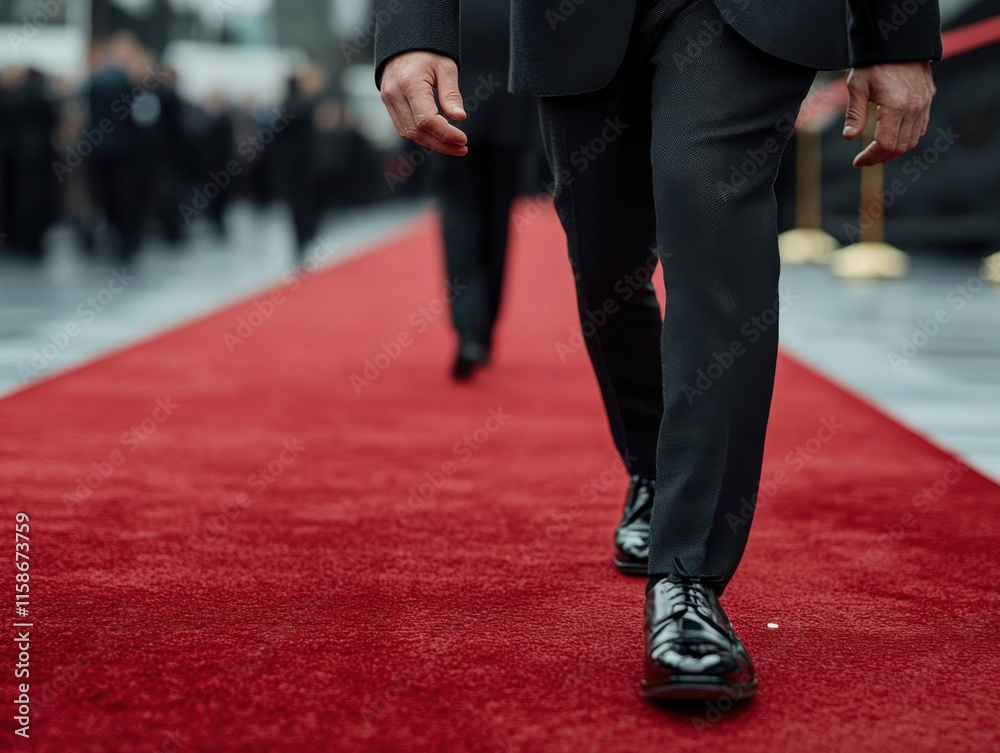 A person walks confidently on a vibrant red carpet during an elegant event, possibly a movie premiere, with a blurred background of well-dressed individuals. A person walks confidently on a vibrant red carpet during an elegant event, possibly a movie premiere, with a blurred background of well-dressed individuals.